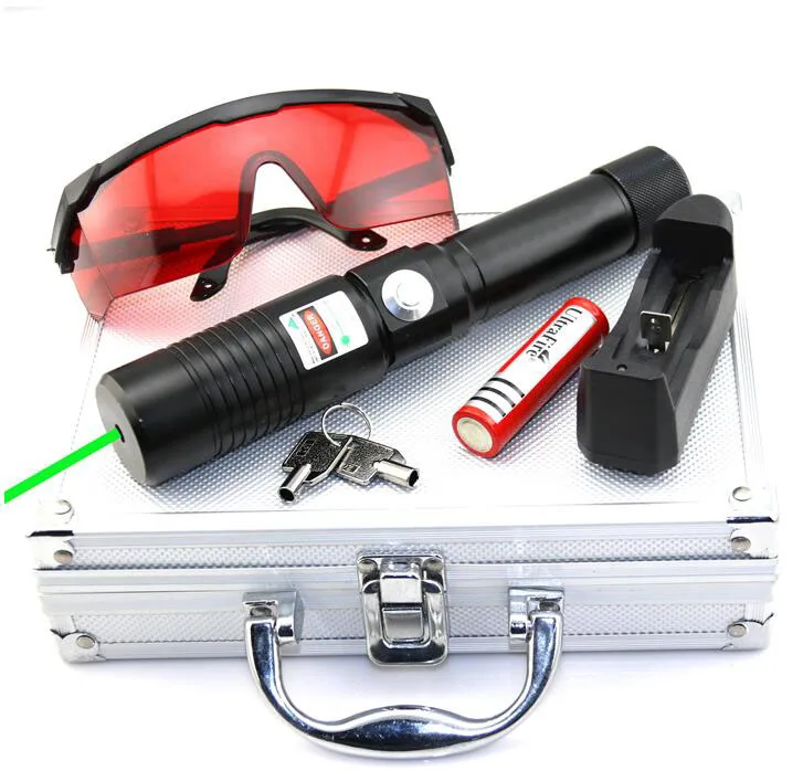 

High Power 532nm 50000m Adjustable Focus Burning Match Pop Balloon Green laser pointer pen with Charger Goggles Safety keys Box