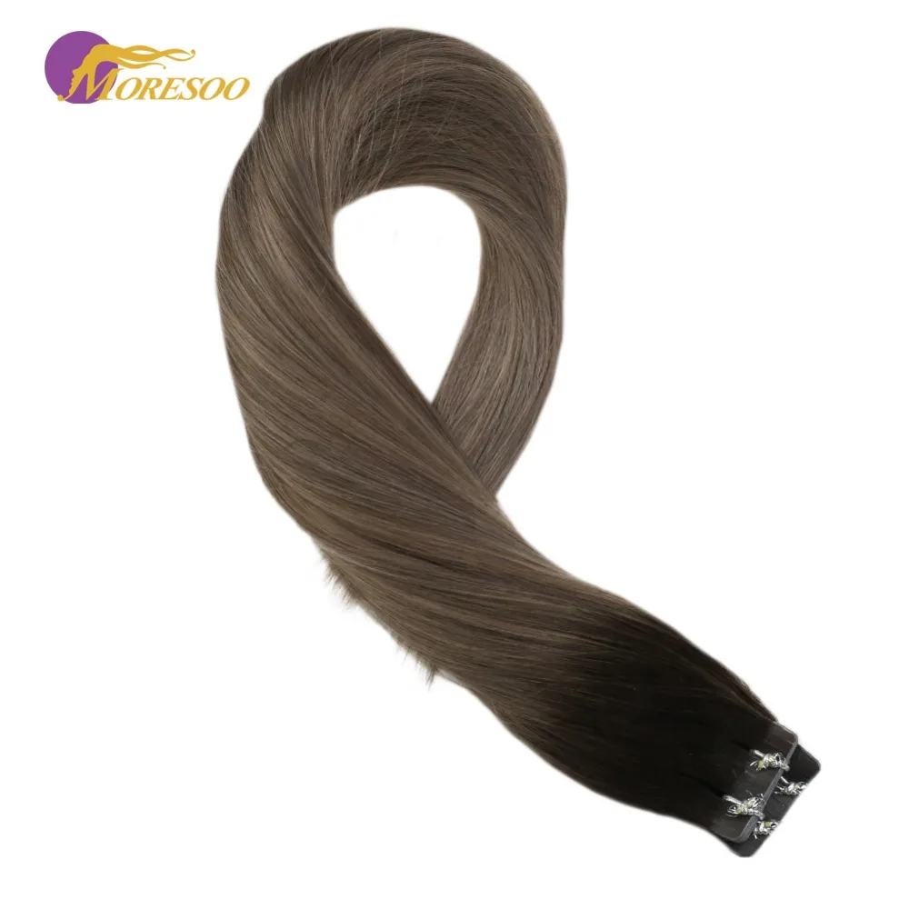 

Moresoo Tape In Hair Extensions Dark Brown #2 Fading to #19 Highlight #20 Real Remy Brazilian Human Hair Skin Weft 20PCS 50G