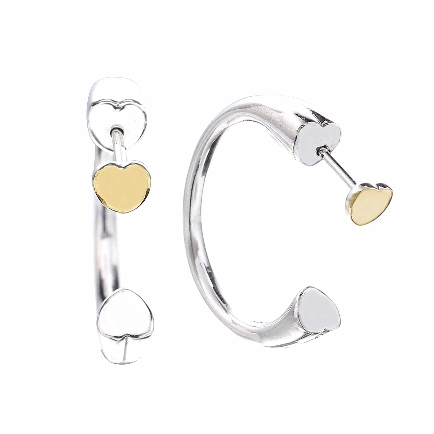 

Authenetic 925 Sterling Silver Original Two Gold Hearts Pan Studs Earrings For Women Wedding Gift Europe Jewelry