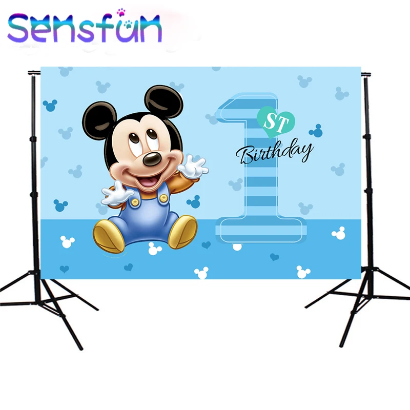 

Blue Theme Happy 1st Birthday Baby Mickey Party Custom Boy's Photo Studio Background Birthday Backdrop Vinyl 220x150cm