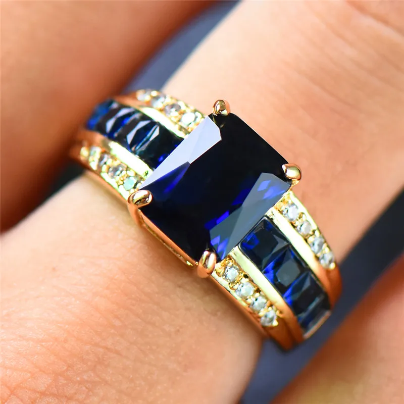 Luruxy Female Square Dark Blue Stone Ring Vintage Yellow Gold Color