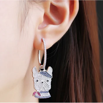

Fashion Doggy Bulldog 925 Sterling Silver AB Stud Earring Asymmetrical Colorful Zircon Women Wedding Jewelry Monaco Design
