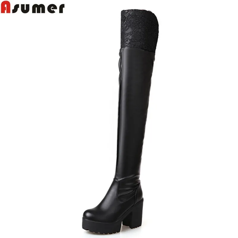 

large size 34-43 2016 fashion thick high heels round toe platform women shoes winter keep warm solid black over the knee boots