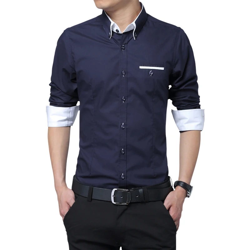 Корейский стиль Мужская рубашка весна и осень с длинным рукавом Тонкая мужская деловая Повседневная рубашка плюс размер Формальная Мода - Цвет: dark blue