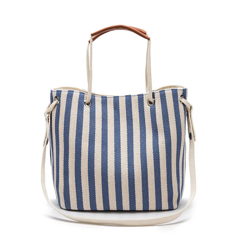 

2019 New Casual Stripe Pattern Women's Handbag Bucket Canvas Black Shoulder Bag Woman Drawstring Female Beach Shopping Bag OC589
