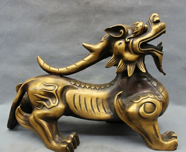 

xd 003428 16" Chinese Bronze Folk FengShui Dragon Kylin Unicorn Beast Statue Animals