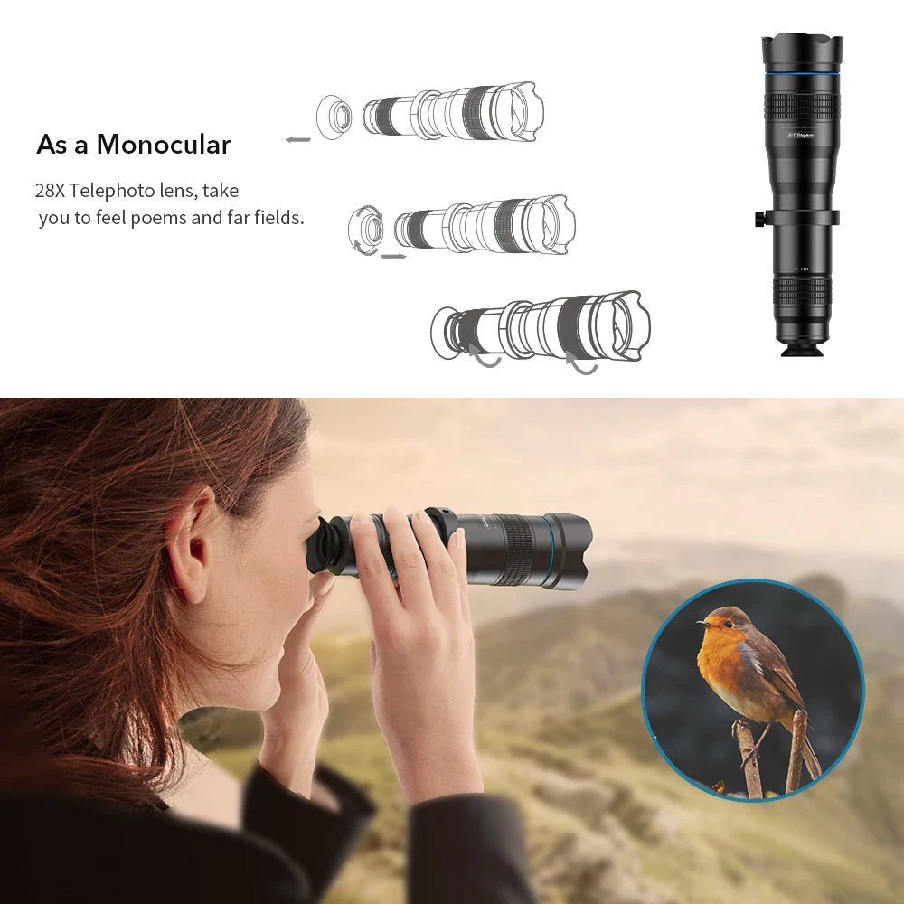 APEXEL HD 36x telephoto zoom lens monocular+selfie tripod for iPhone Samsung other smartphones Travel Hunting Hiking Sports