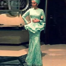 Muslimischen Grüne Meerjungfrau Stehkragen Langarm Lace Abendkleider 2016 schößchen Lange kaftan Partei Abschlussball-kleider robe de soiree VE23