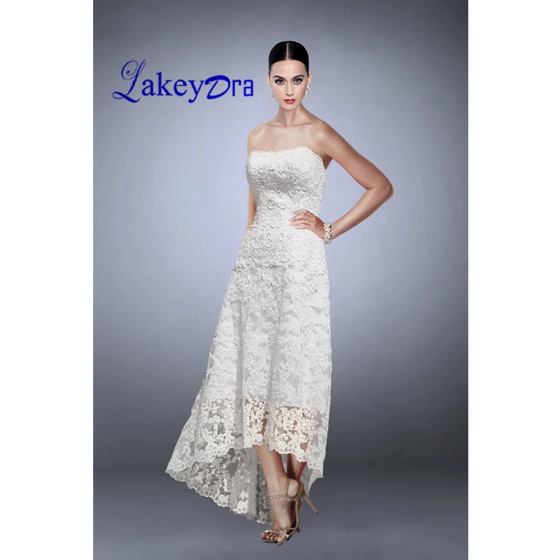 

Lakeydra White Beach Wedding Dresses A-Line Lace Strapless with Appliques Sequins Zipper Back Hi-Lo Plus Size Bridal Gowns