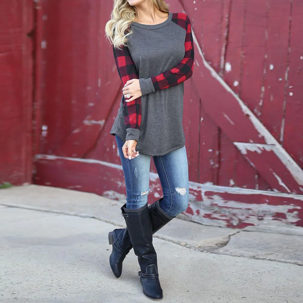Mujeres o-cuello rojo y negro Plaid Patchwork manga Gary blusa manga larga sudadera Pullover Tops blusa camisa Ropa Mujer SY9 Mujeres o-cuello rojo y negro Plaid Patchwork manga Gary blusa manga larga sudadera Pullover Tops blusa camisa Ropa Mujer SY9