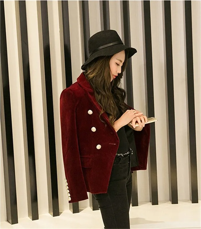 2016 New Spring Fashion Women Midnight Navy Slim Velvet Blazer Jacket Double Breasted simple Lady Blazers (20)