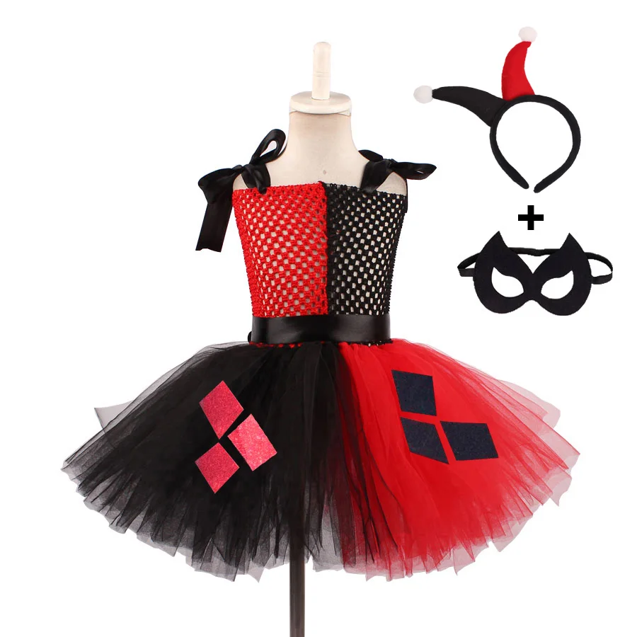 Платье-пачка для девочек с повязкой на голову и маской «Джокер»; нарядный Детский костюм на Хэллоуин, День рождения; детское праздничное платье для фотосессии
