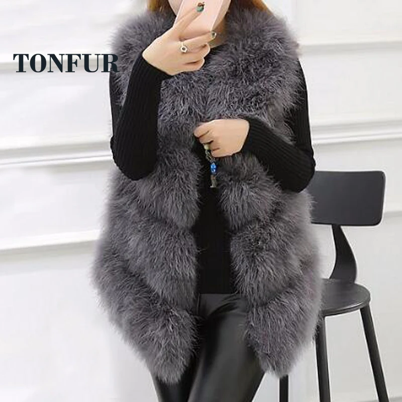 

2019 New Arrival 100% Knitted Ostrich Fur Vest Strip Real Feather Fur Gilet Fashion Waistcoat SR141
