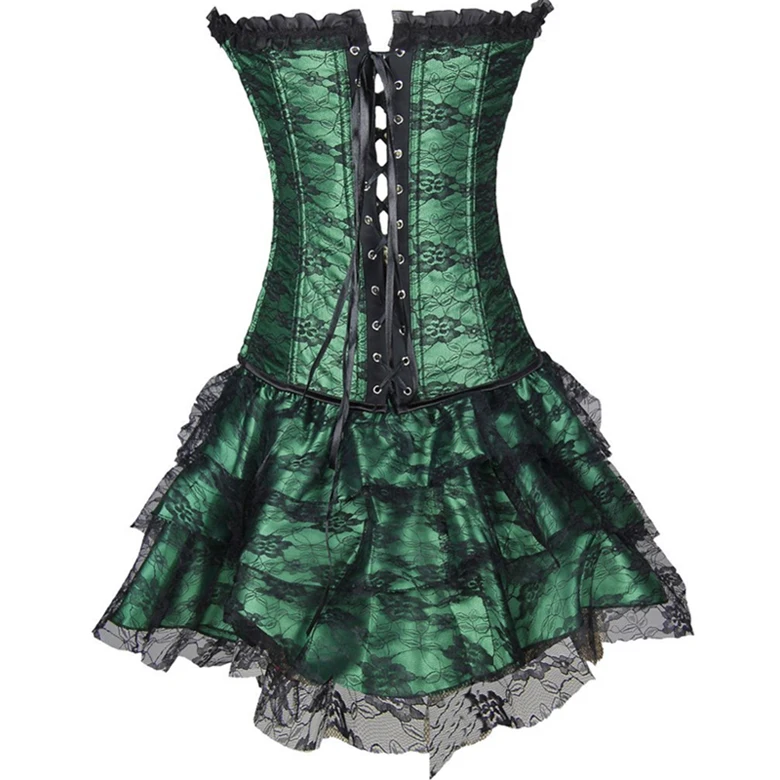 Кружевной Корсет+ юбка, сексуальный женский корсет и бюстье для танцев, Клубная одежда, готическое корсетное платье, Кружевной Корсет для тренировок, зеленый, черный, красный комплект
