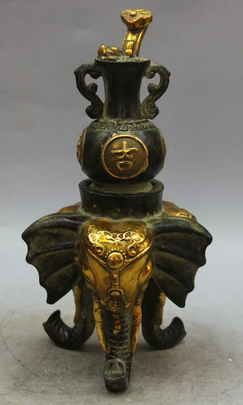 

S1829 11" Chinese Bronze Gild Ru Yi Auspicious Safety 3 Foot Elephant Head Vase Statue D0318