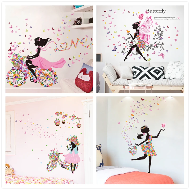 

[SHIJUEHEZI] Fairy Girl Wall Stickers DIY Butterflies Mural Decals for Kids Room Baby Bedroom Dormitory Decoration Children Gift