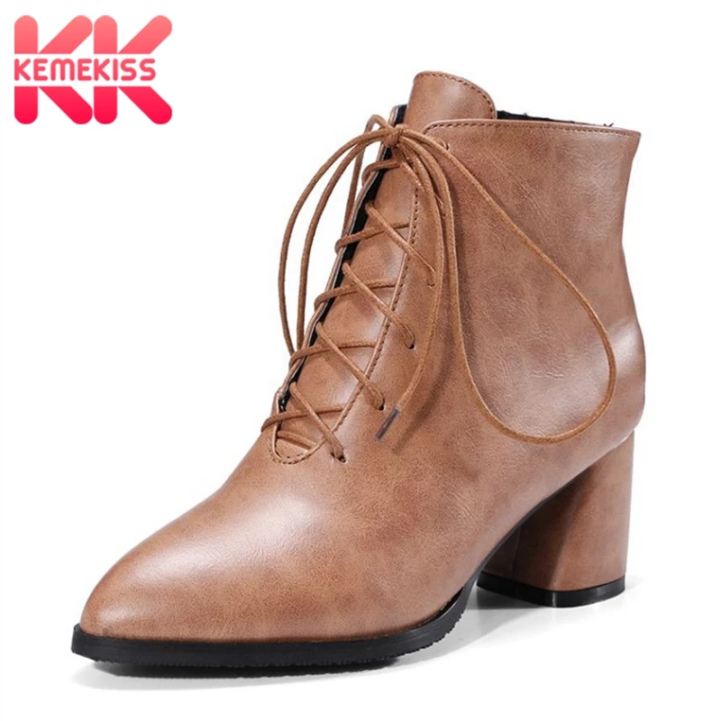

KemeKiss Plus Size 33-47 Women Ankle Boots High Heels Warm Fur Boots Winter Lace Up Shoes Woman Fashion Designer Footwear