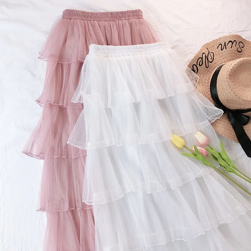 2020 Summer New Arrival Women Pleated Skirt Polyester Net Yarn Solid Color High Waist Collage & Stitch Free Shipping | Женская одежда