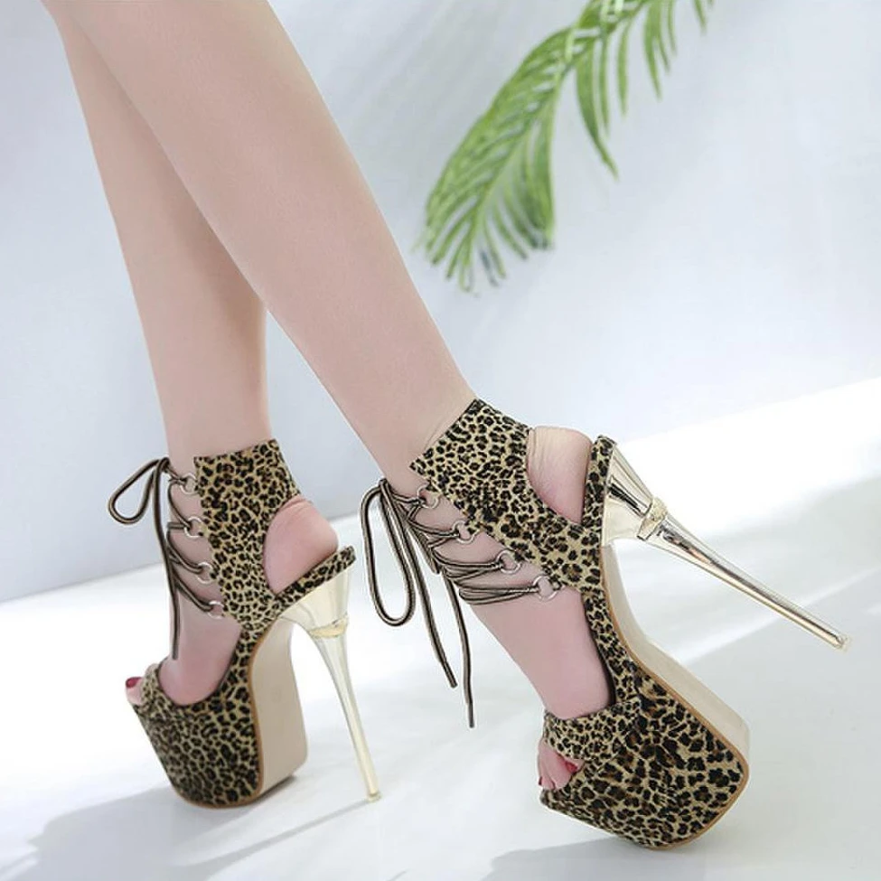 

2019 17CM Super High-heeled Stage Shoes Waterproof Table with Fine-heeled Sexy Leopard-print Fashion Ankle Sandals Party Shoes