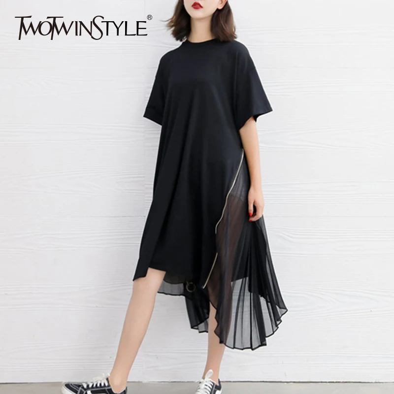 

TWOTWINSTYLE Mesh Patchwork Dress Female Chiffon Short Sleeve Zipper Split Irregular Long Holiday Dresses Womens Summer Casual