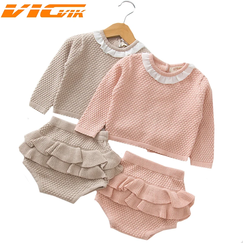 Autumn Pink Knitted Suits Long Sleeve Sweater+PP Short 2Pcs Kids Suits