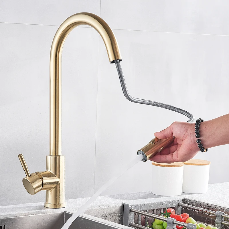  Quyanre Brushed Gold Kitchen Faucet Pull Out Kitchen Sink Water Tap Single Handle Mixer Tap 360 Rot - 33019442170