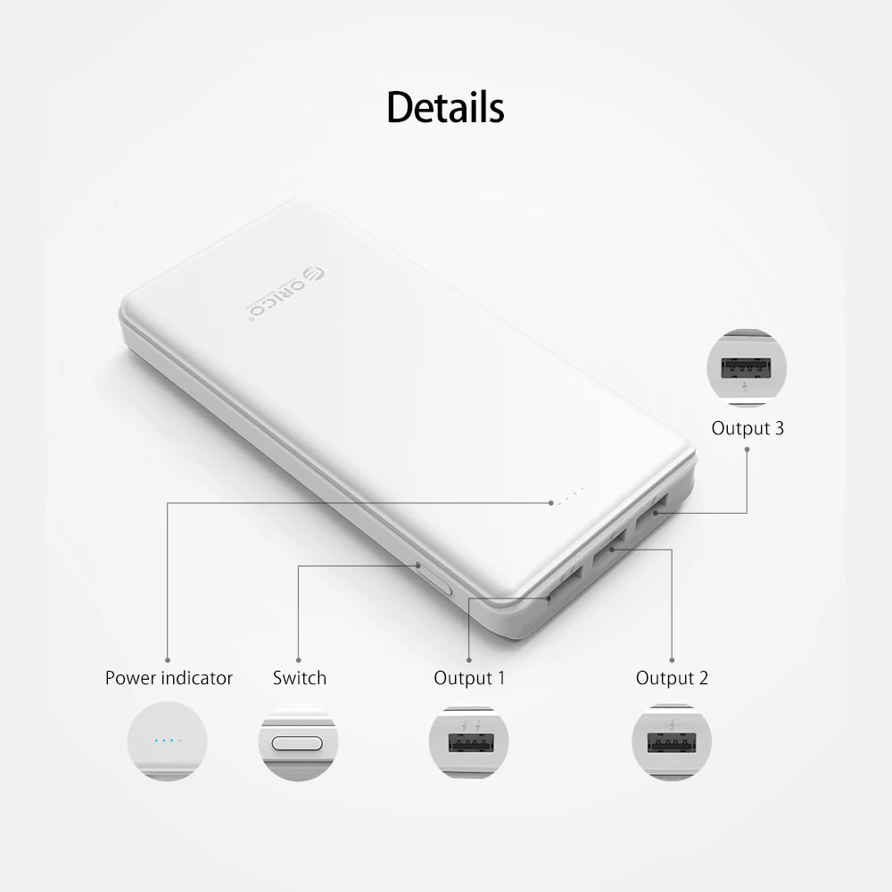 ORICO 20000mAh 3 USB Power Bank External Battery Portable Mobile Backup Bank Charger for Android iPhones with Flashlight - White