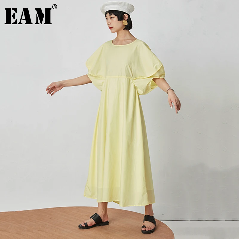

[EAM] 2019 New Spring Summer Round Neck Half Lantern Sleeve Yellow Hollow Out Loose Drawstring Dress Women Fashion Tide JY396