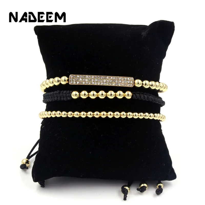 

Handmade 3Pcs/Sets Micro Pave CZ Bar Charm & 5mm Copper Beads Braiding Macrame Bracelet Bangle Sets For Women pulseira feminina