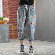 Летние джинсы женские Ретро эластичные талии свободные джинсы новые женские повседневные Карманы печати отбеленные винтажные джинсовые брюки