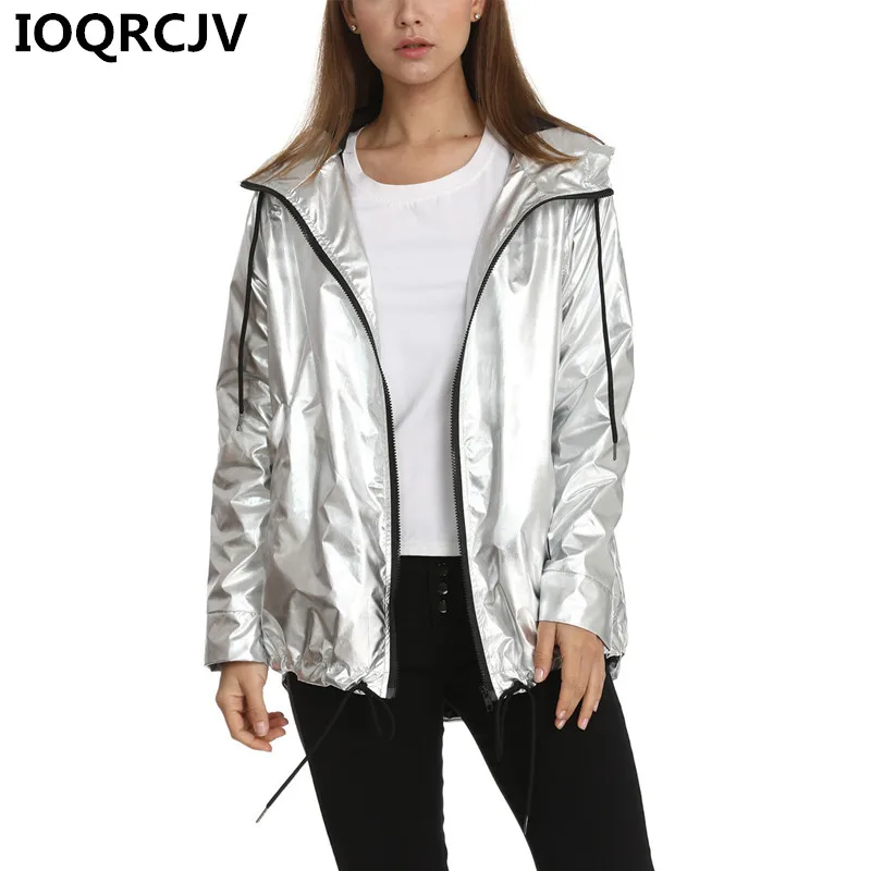 

2019 Fashion Women's Spring Autumn Jacket Long-Sleeved Gold PVC Zipper Female Windbreaker Hooded Waterproof Bomber Jackets R781