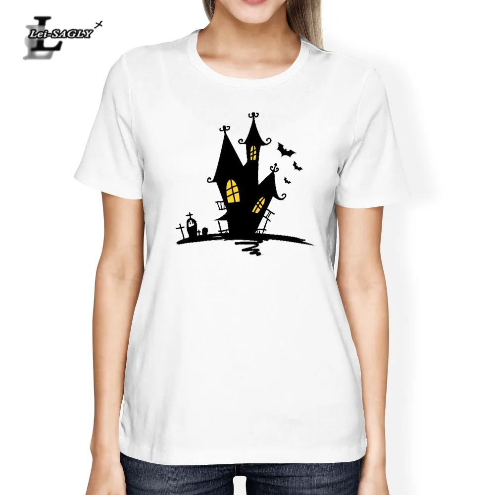 

Lei-SAGLY Halloween Haunted House Women Summer O-Neck Short Sleeve Top Tee T-Shirts Cotton White Round Neck Clothing Female Tops