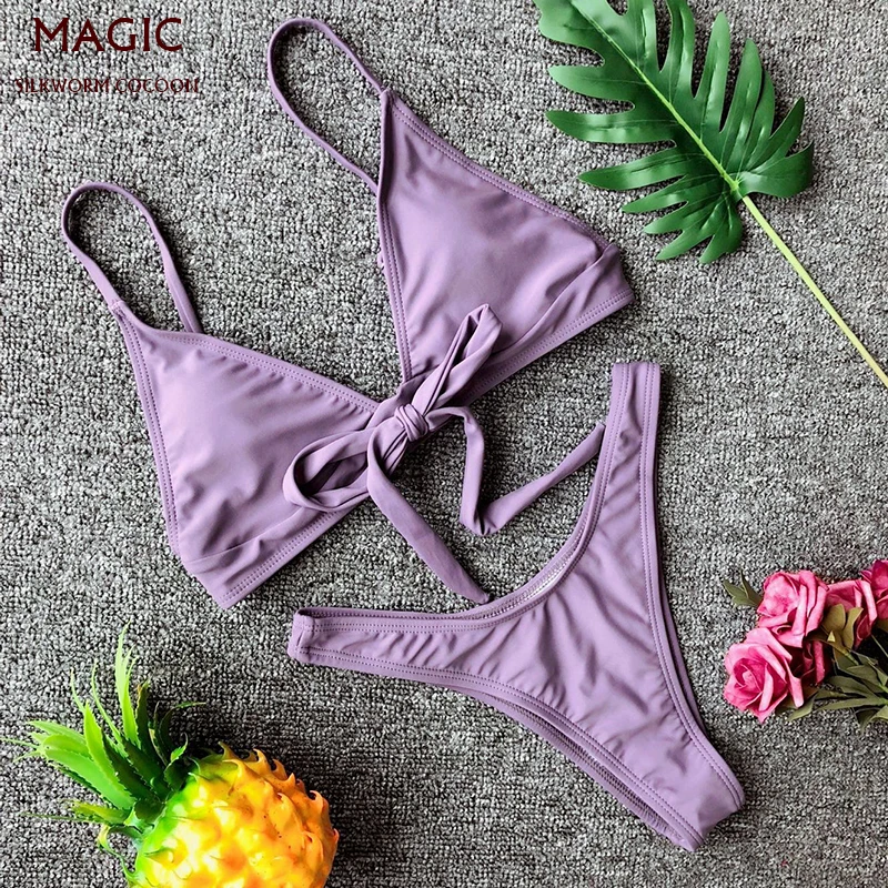 

Solid Color Purple Bow Two Piece Swimwear Women Sexy Bikini Set Swimsuit High Waist Push up Bathing Suit Summer BeachWear Female