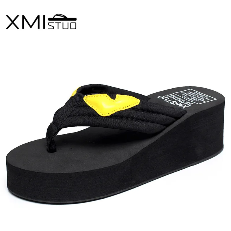 

XMISTUO Summer Women Flip Flops Female Beach Slippers High-heeled 5.5CM Slippers with Little Monster Slippers 6 Color 7058
