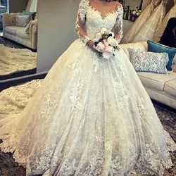 Кружевные свадебные платья 2019 милая кружевные аппликации для выреза бальное платье с длинным рукавом Пышные свадебные платья Gelinlik