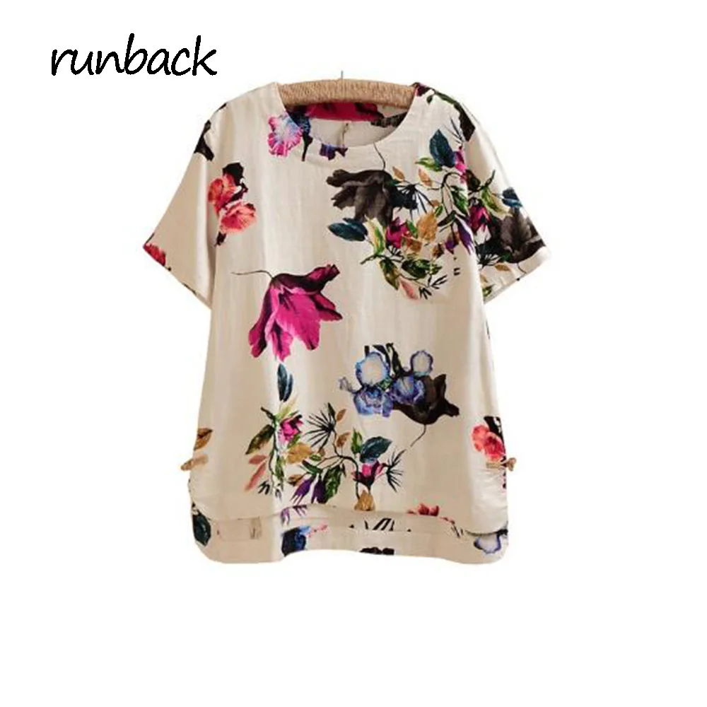 

Runback 2019 Summer Femme Linen Ladies T-shirt Women Loose Tee Skin Flower Print Cotton Linen O-neck Chinese Vintage Style Tops