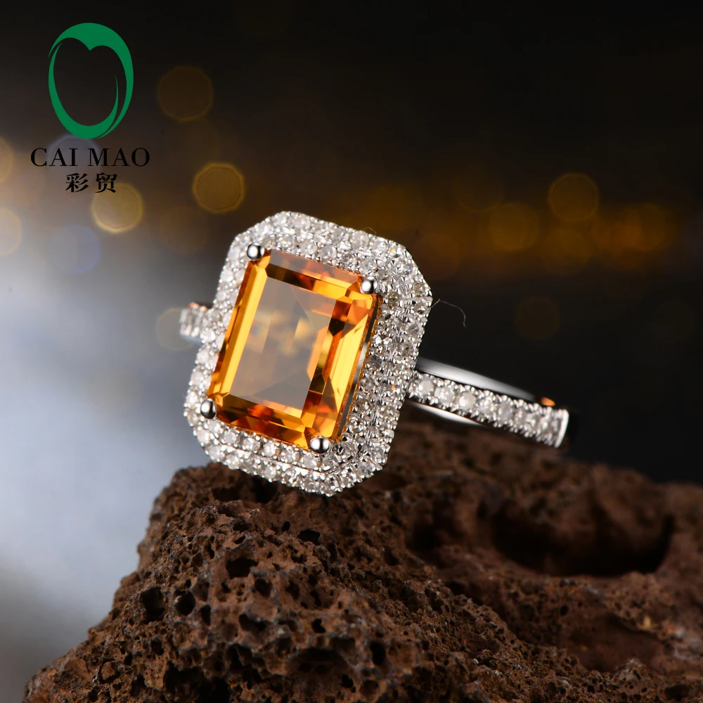 Caimao Jewelry Retro Romantic 7x9mm 2.45CT Citrine Emerald Shape & 0.39ct Natural Diamond 14K White Gold Ring