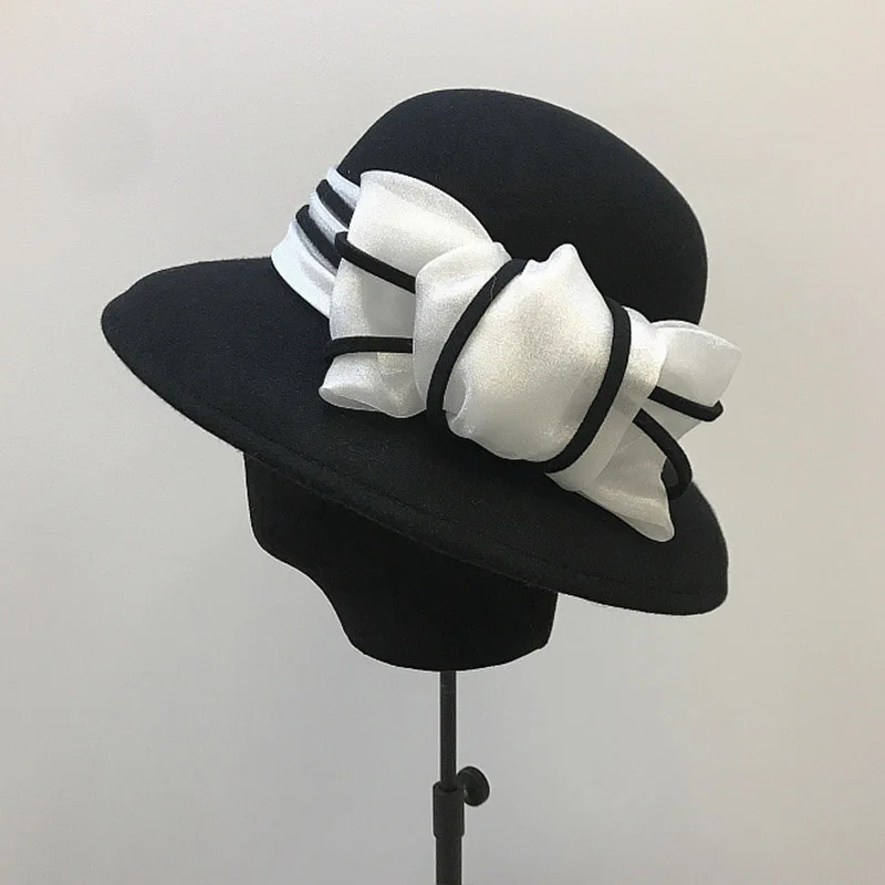 FGHGF, Женская шерстяная фетровая шляпа, элегантная зимняя шапка с бантом, шапка-котелок с церковным акцентом, шерсть, с широкими полями, шляпа-федора