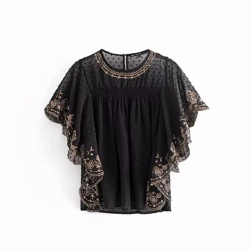 

Retro Embroidery Chiffon Loose Smock Women Butterfly Sleeve Shirt Fashion Black Blouse Summer Tops Feminina Chemise S5316