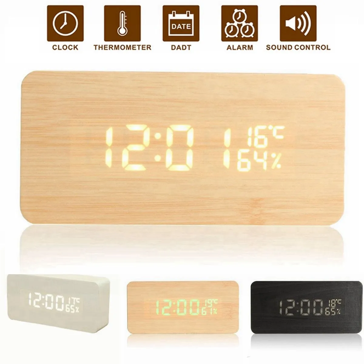 

KROAK Car Wooden Rectangular LED Digital Alarm Clock Display Time /Temperature /Humidity