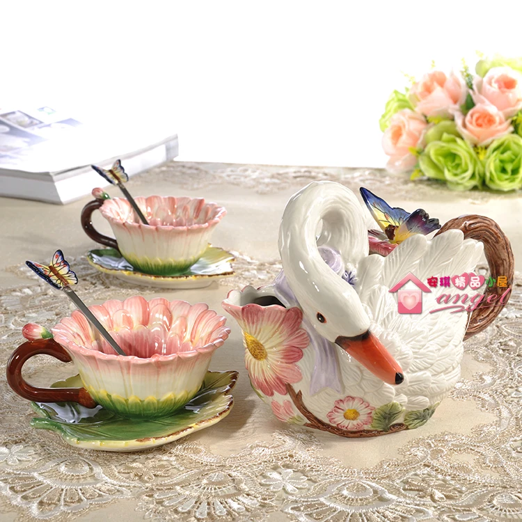 Happy white swan ceramic tea sets coffee cup set tea set home