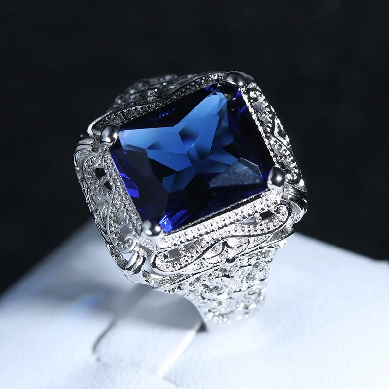 Большие синие циркониевые 925 пробы серебряные винтажные кольца для женщин модные Свадебные обручальные ювелирные изделия