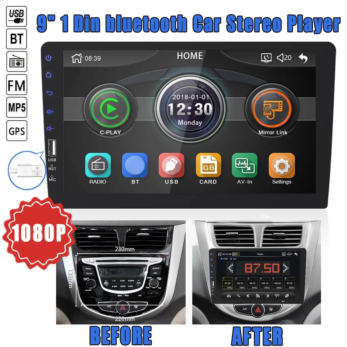 

9 inch 1Din Car Radio Universal bluetooth Touchscreen Car Audio Stereo FM USB MP5 Car Multimedia car play function 9008 model