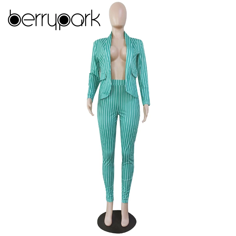 BerryPark New 2019 Formal Suit for Women Casual Business Suitspants Work Wear Sets Office Lady Uniform Elegant Stripe Pant Suits