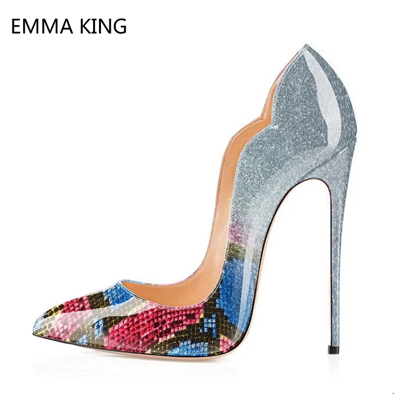 

Blue Dress Shoes Women Heels Pointed Toe Snake Pattern Stiletto High Heels 10 12cm Patent Leather Ladies Party Shoes Woman
