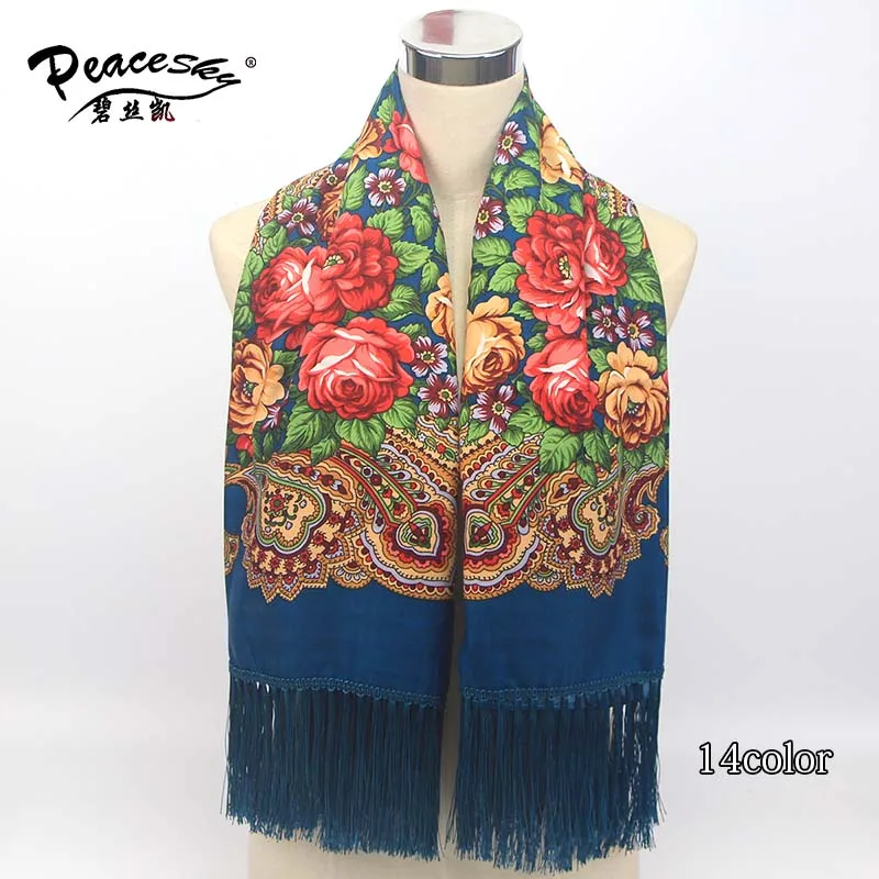 Роскошный бренд для женщин шарф с принтом русский этнический стиль хлопок цветочный узор кисточка зимний теплый квадратный шарф-одеяло - Цвет: Тёмно-синий