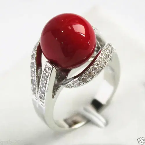 

Hot sale new Style >>>>12mm Coral Red South Sea Shell Pearl Ring Size 6/7/8/9 AAA Grade