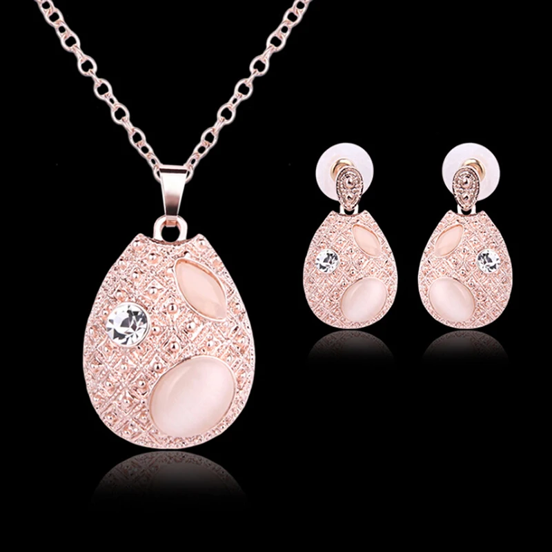 Crystal Cat Eye Opals Necklace Earrings Elegant Waterdrop Pendant Rose Gold Color Jewelry Set Bridal Engagement Jewelry Sets