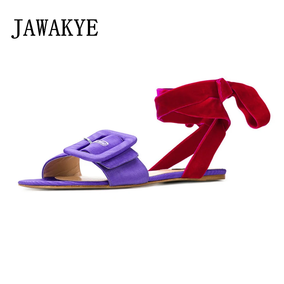 

Bling Bright Purple green Cross tied Flat Sandals Women Mixed color Flats Square Buckle Ankle Lace up Summer Flat Shoes Women