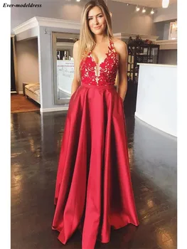 

Sexy Halter Red Prom Dresses Long 2019 Lace Appliques Backless Sequins A-Line Graduation Party Gowns gala jurken 2019